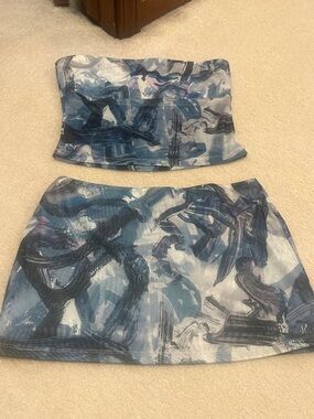 Blue Abstract Print Two-Piece Skirt Set